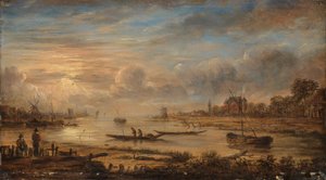 Vue de la rivière au lever du soleil - Aert van der Neer (copy after)