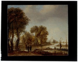 Paysage fluvial avec des hommes conversant sur un chemin