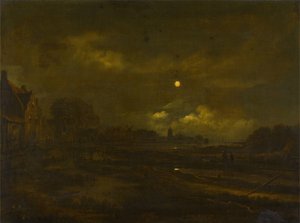 Paysage fluvial au clair de lune avec un village, un moulin à vent et une église au-delà, avec des voyageurs sur un chemin au premier plan.