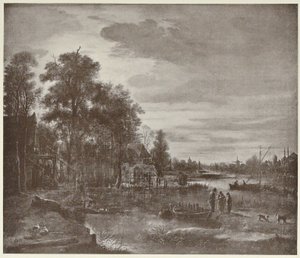 Paysage de rivière au clair de lune avec personnages