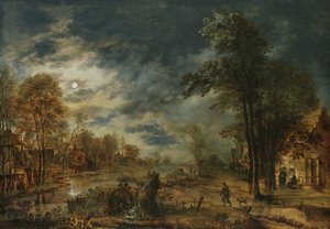 Paysage au clair de lune avec un village