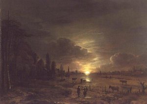 Paysage fluvial avec lune montante