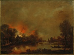 Paysage de canal nocturne avec feu dans un village - Aert van der Neer der Ältere