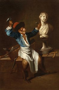 Un singe sculpteur F 18Jh - after Jean Antoine Watteau