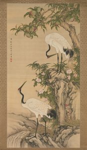 Grues, pêcher et roses chinoises, début du 18e siècle