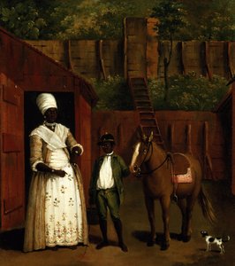Une mère noire et son fils avec un poney devant une écurie - Agostino Brunias