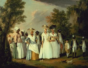 Trois dames avec deux enfants et huit serviteurs