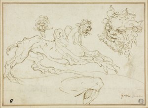 Quatre esquisses : Griffon, Tête grotesque, Tête de satyre, Jambe pliée - Agostino Carracci