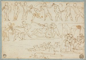 Frise de putti, croquis de Lot et ses filles, croquis de bâtiments - Agostino Carracci