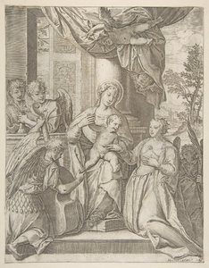 Le mariage mystique de Sainte Catherine qui est assise au centre avec l