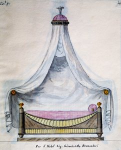 Lit à baldaquin pour M. Brancadori, du Lavori di falegname e Fabbro ideati e disegnati da me Agostino Fantastici, manuscrit 3, planche 4 - Agostino Fantastici