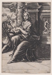 Chasteté, une femme assise, une licorne à sa droite - Agostino Veneziano