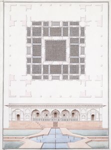 Élévation de la façade sud et du palais du jardin du Suraj Bhawan à Dig, c.1830 - Agra School