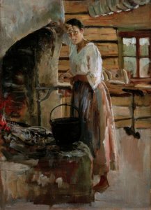 Femme cuisinant des marènes - Akseli Valdemar Gallen Kallela