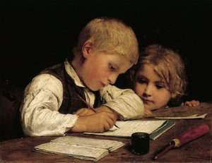 Garçon écrivant avec sa sœur