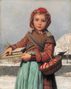 Écolière avec ardoise et panier à couture. 1878 - Albert Anker