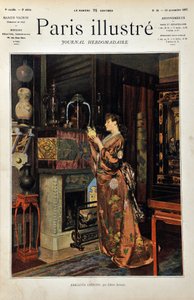 Bibelots chinois. Une femme européenne habillée en orientale observe sa collection d