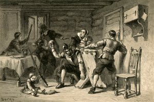 Les puritains barricadant leur maison contre les Indiens, 1877 - Albert Bobbett