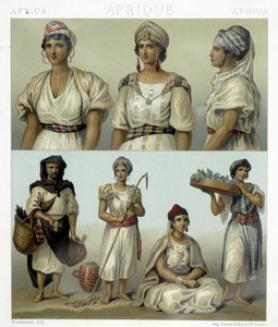 Costumes et coiffes des femmes kabyles (haut). Costumes tunisiens et algériens (bas). Illustration dans « Le costume historique » par Racinet - Albert Charles August Racinet