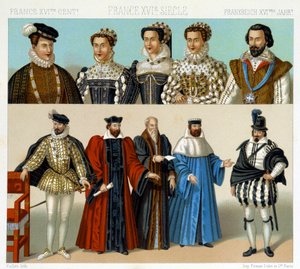 Costumes de nobles et magistrats en France au XVIIe siècle. Chromolithographie - dans « Le costume historique » par Racinet - Albert Charles August Racinet