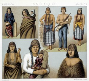 Costumes des Indiens de Californie. Illustration dans « Le Costume Historique » par Racinet - Albert Charles August Racinet