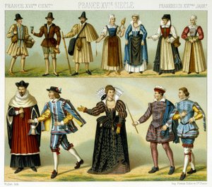Costumes de la noblesse et costumes populaires de France au 16e siècle. Planche chromolithographique - dans « Le costume historique » par Racinet - Albert Charles August Racinet