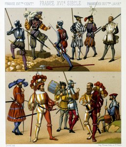 Costumes militaires français au XVIe siècle. Planche chromolithographique - dans « Le costume historique » par Racinet