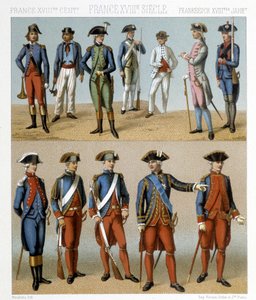 Costumes militaires français au 18e siècle. Illustration dans « Le costume historique » par Racinet - Albert Charles August Racinet