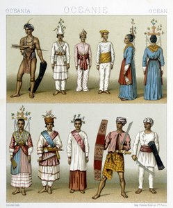 Habitants des îles Célèbes en Indonésie. Illustration dans « Le Costume Historique » par Racinet - Albert Charles August Racinet