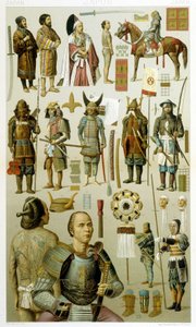 Costumes de guerriers japonais (samouraï ou yakuza). Planche chromolithographique - dans « Le costume historique » par Racinet