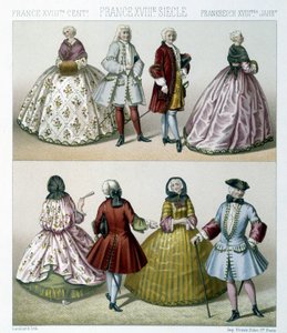 Hommes et femmes portant des costumes à la mode du 18e siècle en France. Illustration dans « Le costume historique » par Racinet - Albert Charles August Racinet