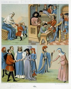 Moyen Âge : mère et enfants, un tribunal, un mariage - dans « Le costume historique » par Racinet