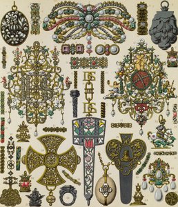 Bijoux du XVIIe siècle, lithographie de Schmidt publiée dans Le costume historique, Volume V