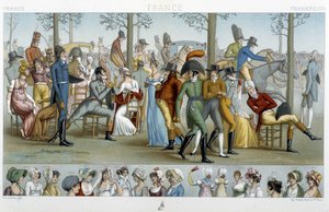 Les bourgeois marchant vers Longchamp, début 19e siècle - dans « Le costume historique » par Racinet - Albert Charles August Racinet