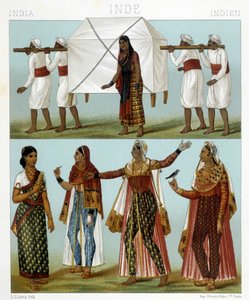 Transport et costumes féminins traditionnels. Illustration dans « Le costume historique » par Racinet - Albert Charles August Racinet