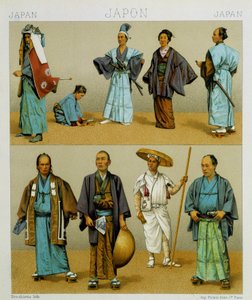 Divers costumes traditionnels japonais pour hommes, y compris le kimono. Planche chromolithographique - dans « Le costume historique » par Racinet - Albert Charles August Racinet