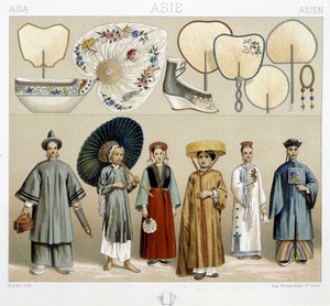 Divers costumes féminins en Chine : éventails, chaussures... - dans « Le costume historique » de Racinet - Albert Charles August Racinet