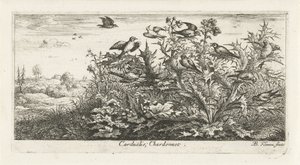 Paysage avec chardonnerets dans un chardon