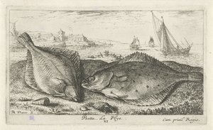 Deux poissons plats sur la plage - Albert Flamen