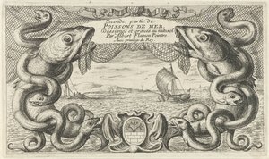 Vue de mer avec bordure de créatures marines et un filet de pêche (Poissons de mer) - Albert Flamen