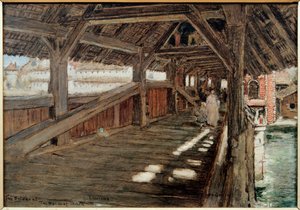Le pont de la danse des morts (Spreuerbrucke) a Lucerne. Peinture de Albert Goodwin (1845-1932). Huile sur toile. Collection privee.