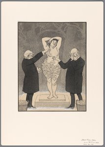 Esquisse pour une caricature politique : deux hommes couvrent une femme nue debout avec des feuilles de figuier