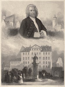 Portrait de Johann Sebastian Bach, Monument de Bach et église et école Saint-Thomas à Leipzig, c. 1860 - Albert Henry Payne
