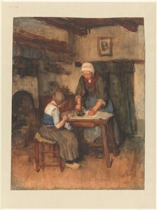 Intérieur avec femme repassant et enfant cousant