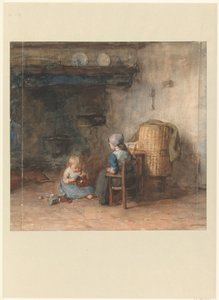 Deux enfants dans un intérieur paysan
