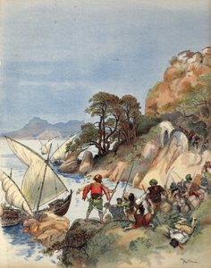 Pirates barbaresques terrorisant la côte méditerranéenne, kidnappant les habitants pour les vendre comme esclaves, illustration de 