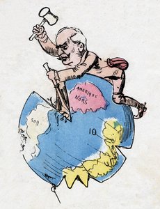 Ferdinand de Lesseps (1805-1894), diplomate et administrateur français, sculpteur et décorateur de continents. Caricature de Robida.