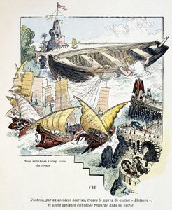 Gulliver et son gigantesque bateau dans le port des Lilliputiens - dans « Voyages de Gulliver » par Jonathan Swift (1721), ill. par Robida