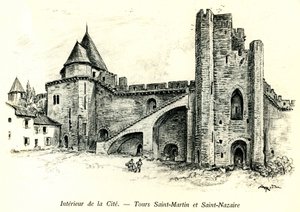 Cité médiévale de Carcassonne (Aude, Languedoc, Pays Cathare) - Tours Saint Martin et Saint Nazaire avec des maisons construites contre les remparts - gravure romantique par Albert Robida (1848-1926) dans un livre publié au début du 20ème siècle