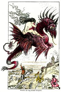 Succube : démon femelle chevauchant un dragon - illustration par Albert Robida pour les Contes Drolatiques d